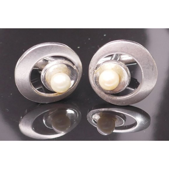 MCM Signed P&K Sterling Silver Atomic Look Cuff Links With Pearls Wedding Prom - Picture 4 of 12